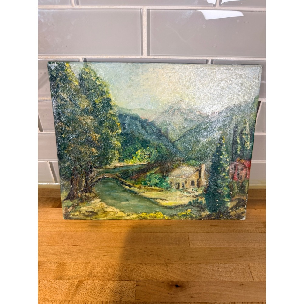 Vintage Original Oil Painting Mountain Landscape River Cottage Canvas Board 8x10